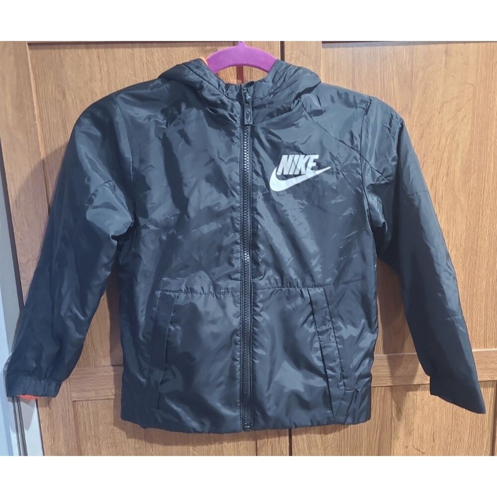 Nike Boys Hooded Winter Jacket Coat 7/L Black Fleece Lined with Logo